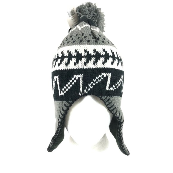 Polar Wear Kids Beanie Hat Ear Flaps Fleece Lined Striped Knit Pom Gray Black OS - Picture 2 of 6